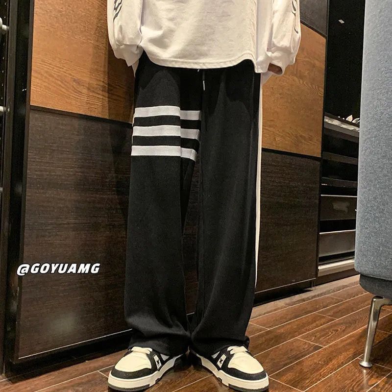 Waffle three-bar sweatpants men's ins Hong Kong trendy brand loose straight tube drop feeling handsome sports casual trousers