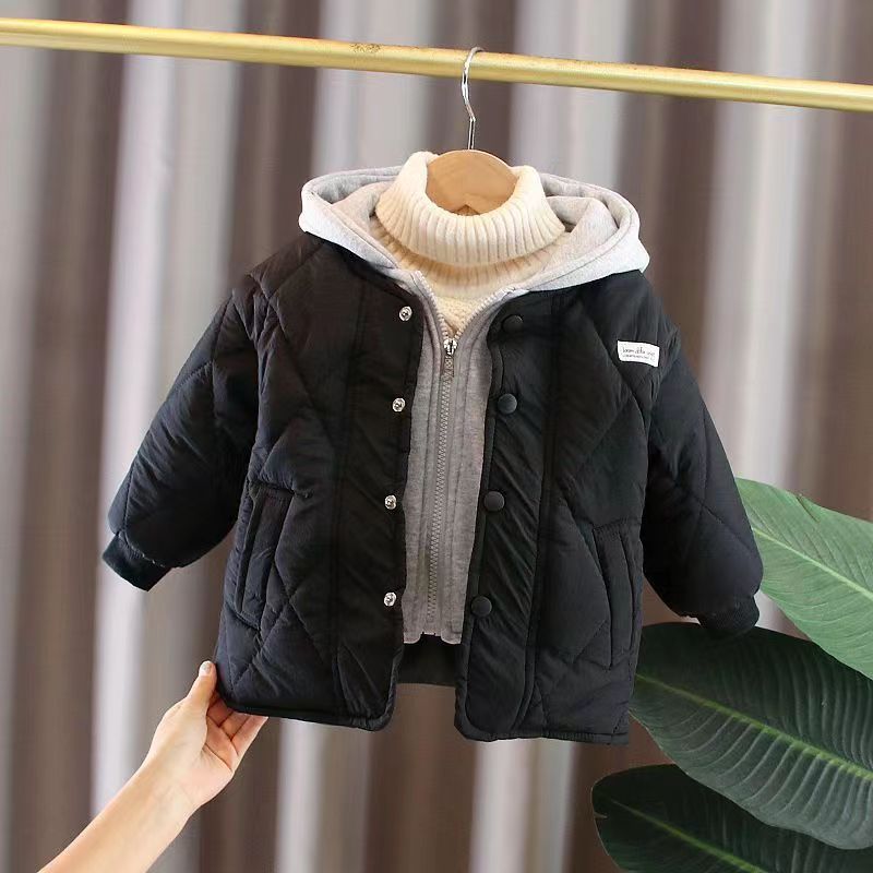 Korean children's clothing children's jacket boys and girls  winter fake two-piece hooded cotton jacket boy foreign style warm cotton jacket