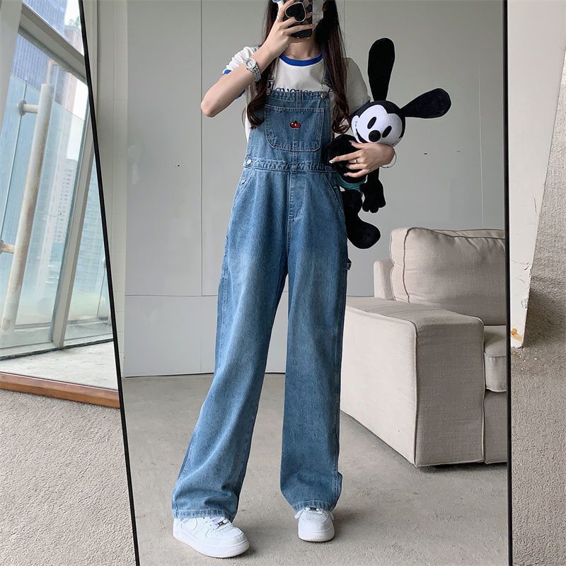 Cherry Embroidered Denim Bib Pants Women's Summer Thin Loose Straight Pants  Fashion New All-match Trousers