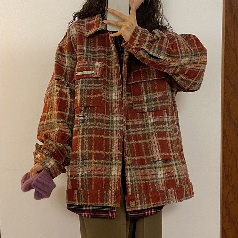 Korean version design sense red plaid hole small fragrance wind jacket female spring and autumn new ins American retro student jacket