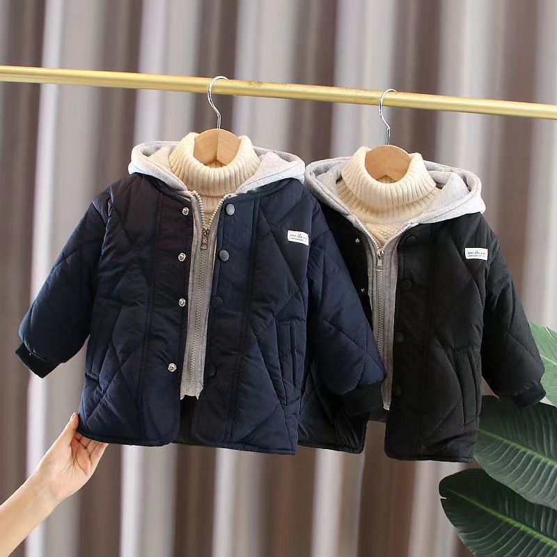 Korean children's clothing children's jacket boys and girls  winter fake two-piece hooded cotton jacket boy foreign style warm cotton jacket