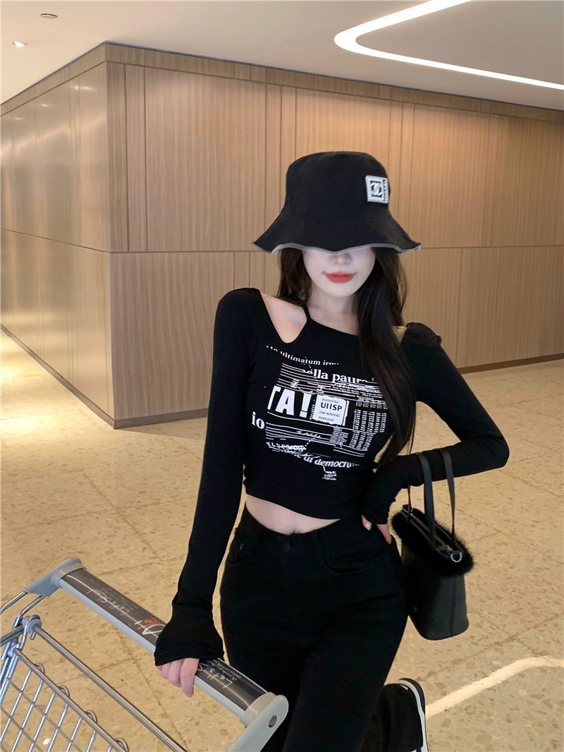 Autumn small sexy off-the-shoulder tight-fitting t-shirt women's hanging neck showing chest big short section clavicle-free self-cultivation bottoming top winter