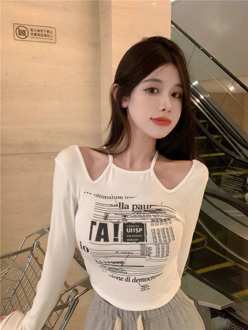 Autumn small sexy off-the-shoulder tight-fitting t-shirt women's hanging neck showing chest big short section clavicle-free self-cultivation bottoming top winter