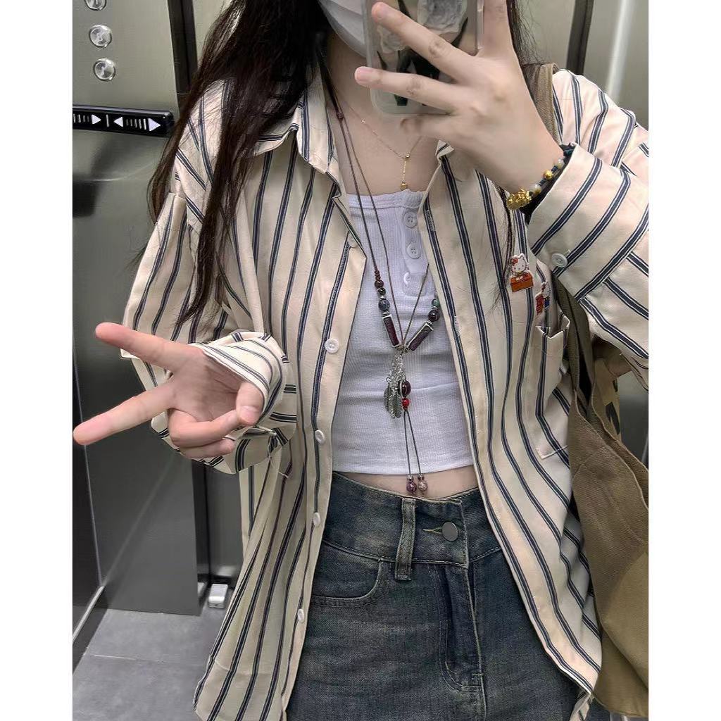 條紋襯衫女設計感小眾2022早秋新款學生韓版寬鬆百搭長袖襯衣外套