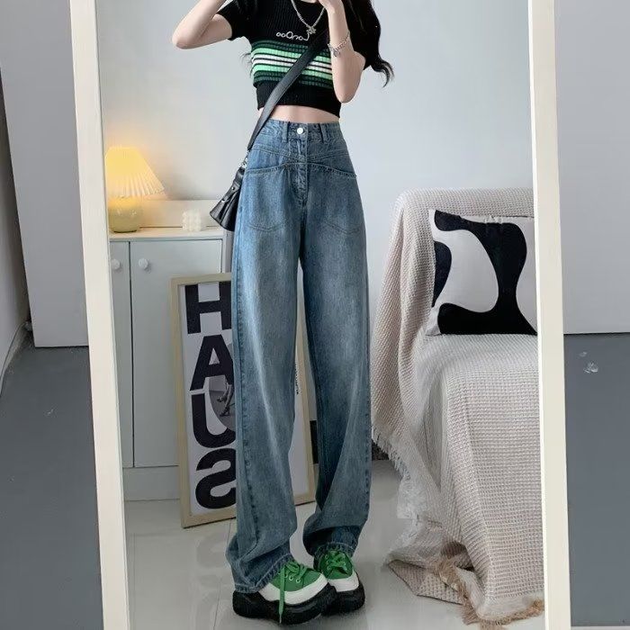 復古闊腿牛仔褲女小個子春秋設計感高腰寬鬆顯瘦垂感直筒拖地長褲