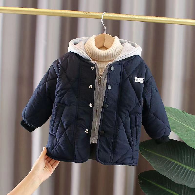 Korean children's clothing children's jacket boys and girls  winter fake two-piece hooded cotton jacket boy foreign style warm cotton jacket