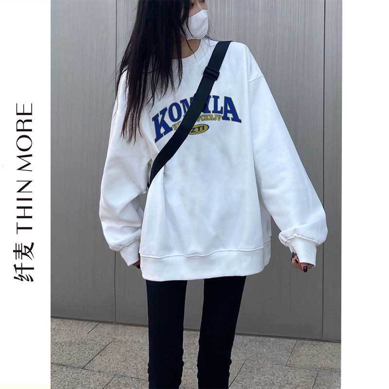 Fiber wheat 380g heavyweight pure cotton Hong Kong flavor retro chic sweatshirt for women spring and autumn new round neck design niche
