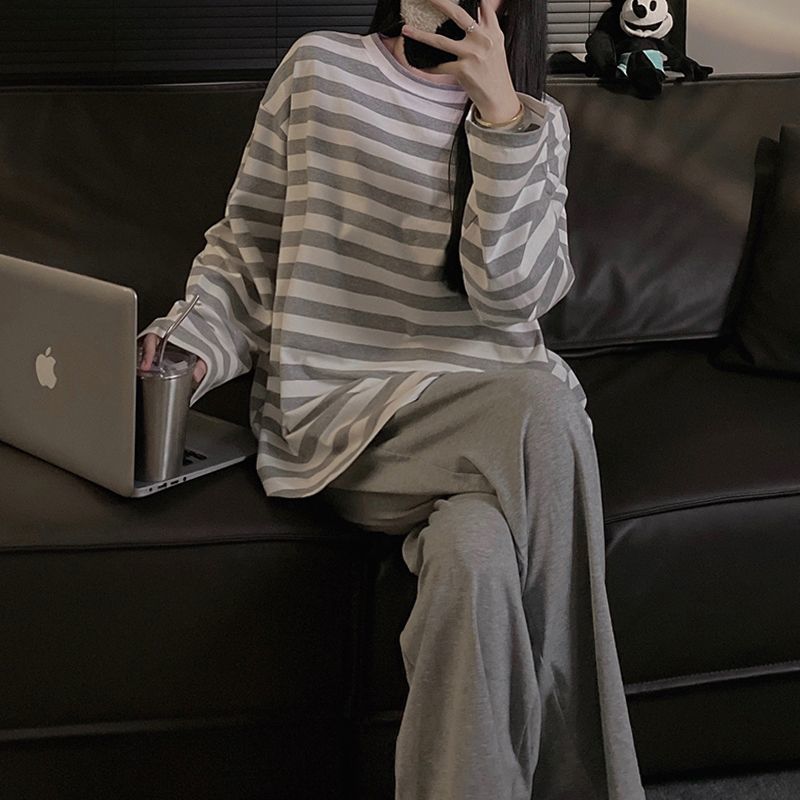 Women's pajamas spring and autumn casual long-sleeved striped simple youth suit student dormitory winter home service can be worn outside