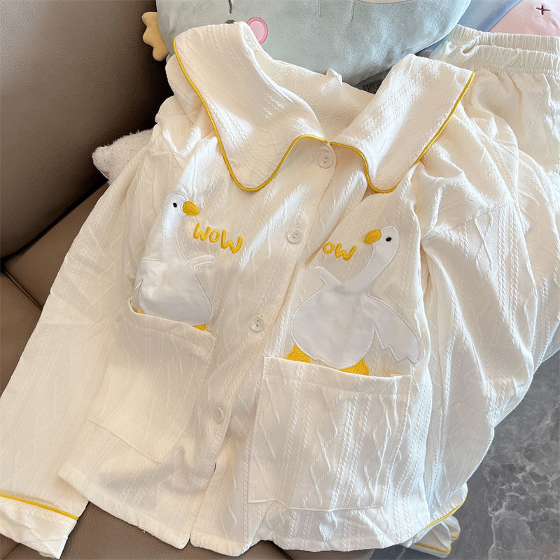 韓版新款女士可愛大白鵝翻領家居服簡約長袖長褲春秋套裝睡衣冬季