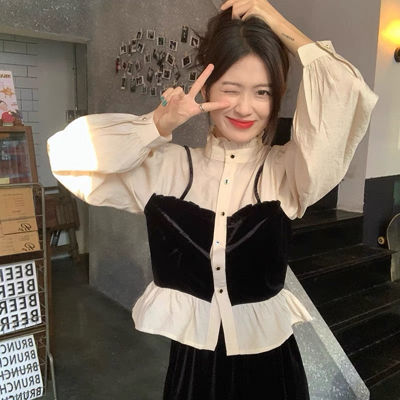 2022秋季新款假兩件襯衣女復古法式立領長袖上衣小眾韓版顯瘦T恤