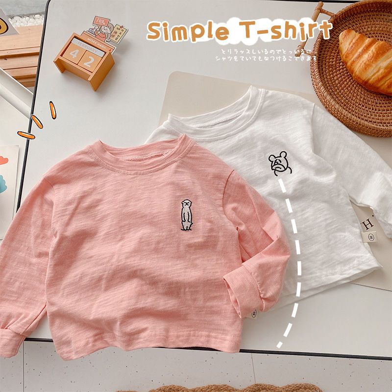 Children's slub cotton bottoming shirt autumn baby embroidery cartoon T-shirt boys and girls simple tops