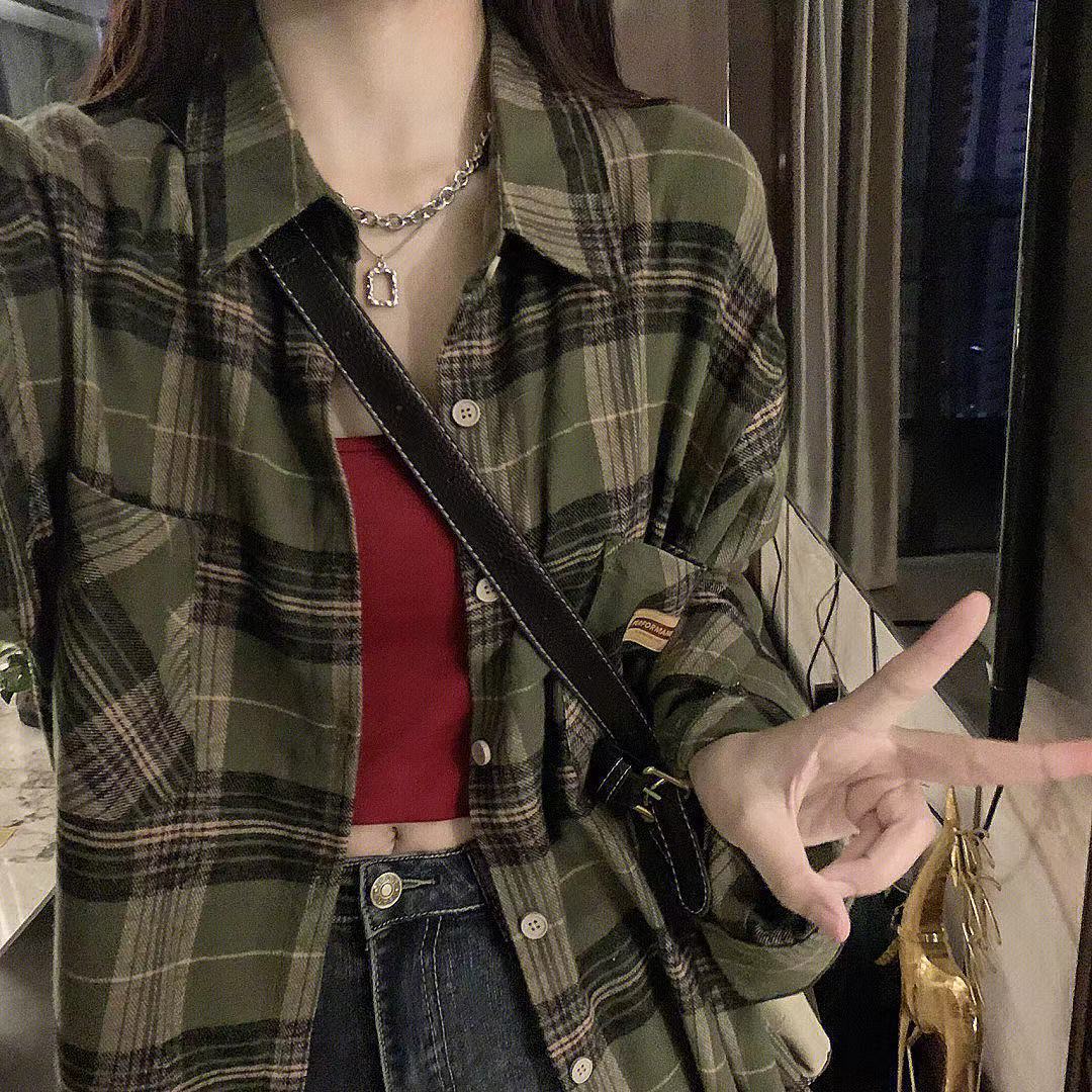 撿漏~復古格紋襯衫寬鬆慵懶韓版百搭早秋外套新款襯衣女外穿