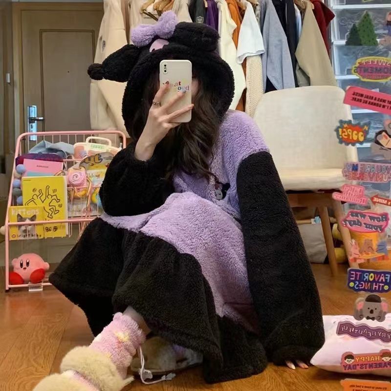 Ins Kulomi pajamas women's winter new cartoon nightgown plus velvet thickening long bathrobe can be worn outside home clothes