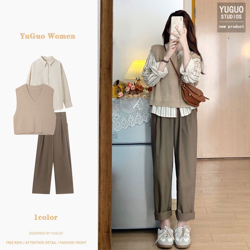 Knitted layered vest shirt, loose two-piece suit for women, casual wide-leg pants, fashionable age-reducing suit for small people