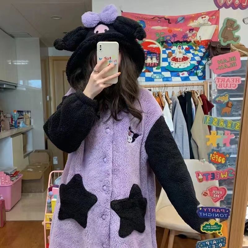 Ins Kulomi pajamas women's winter new cartoon nightgown plus velvet thickening long bathrobe can be worn outside home clothes
