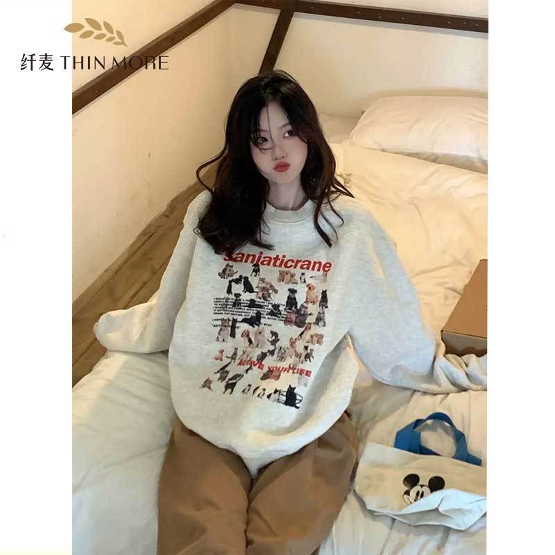 纖麥380G重磅純棉圓領衛衣女寬鬆美式復古狗狗印花秋季慵懶風上衣