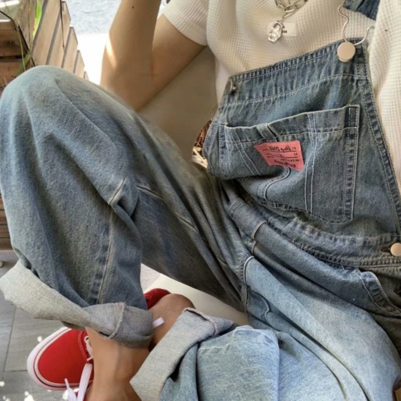Cherry Embroidered Denim Bib Pants Women's Summer Thin Loose Straight Pants  Fashion New All-match Trousers