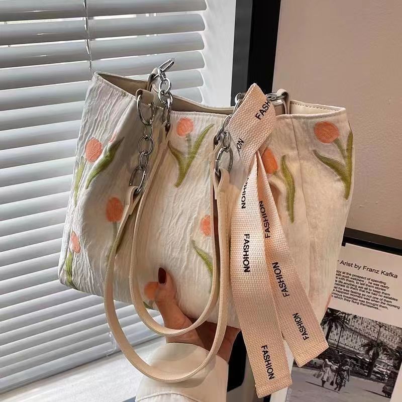 大容量包包女夏2023新款時尚帆布單肩包刺繡小眾高級感通勤托特包
