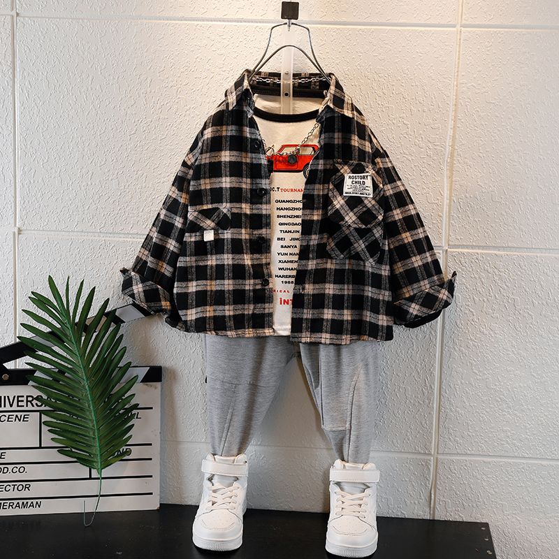 Boys plaid 95% cotton shirt children's jacket Japanese and Korean version shirt male baby cardigan top spring and autumn trendy 1