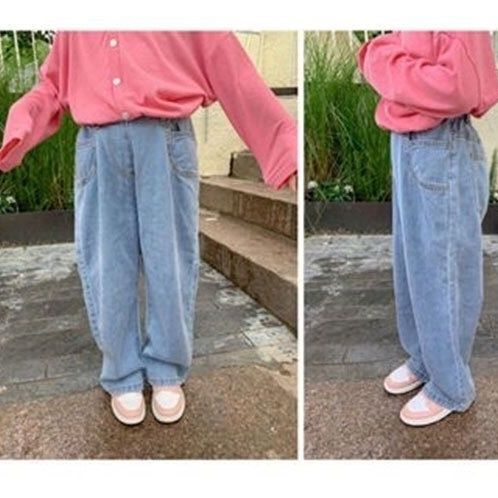 Girls denim wide-leg pants spring and autumn new children's thin section baby girl autumn style girls' trousers embroidered heart