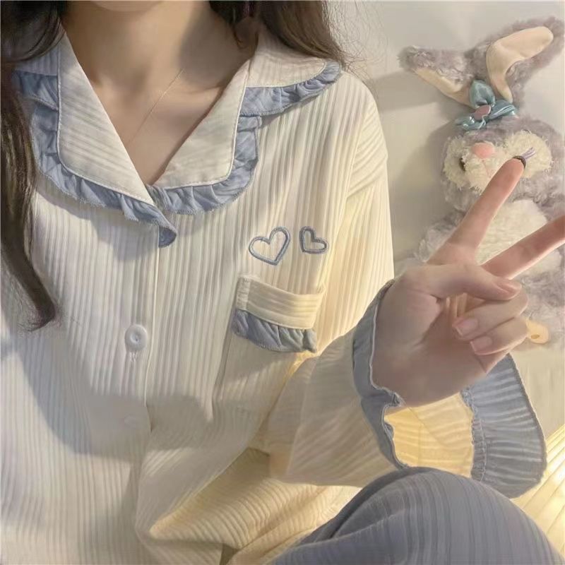 日系睡衣女秋冬新款ins荷葉邊甜美學生可外穿長袖冬季家居服套裝
