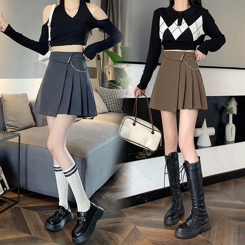 Irregular pleated skirt for women, high-waisted A-line skirt, anti-exposure design for small people, age-reducing and slimming skirt