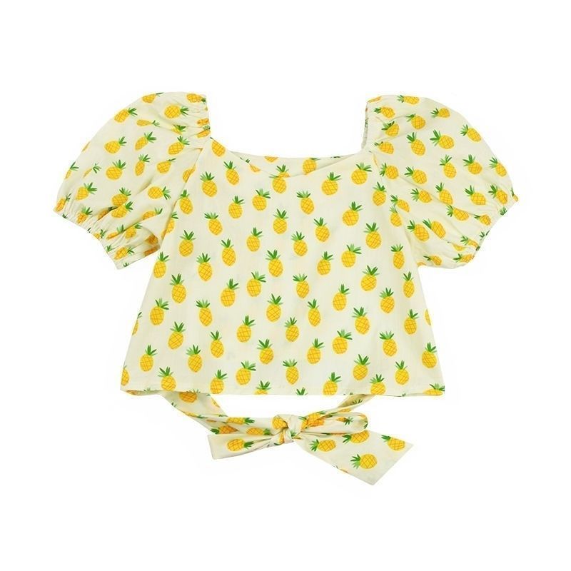 Girls summer suit children's bubble all-match short-sleeved big boy Korean 12-year-old girl pineapple print two-piece set