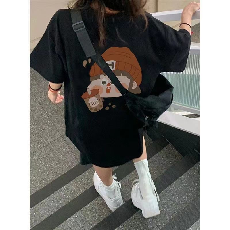 100%純棉黑色短袖t恤女學生ins潮牌夏季寬鬆後背別致設計感上衣服