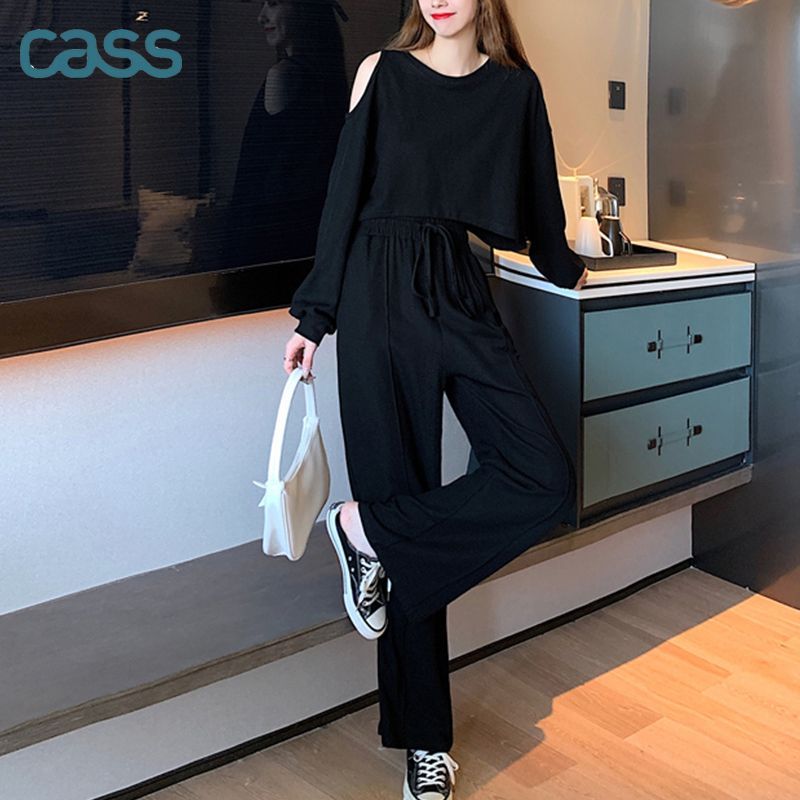 CASS露肩上衣套装女高腰阔腿裤休闲运动两件套秋冬季长袖薄款时尚