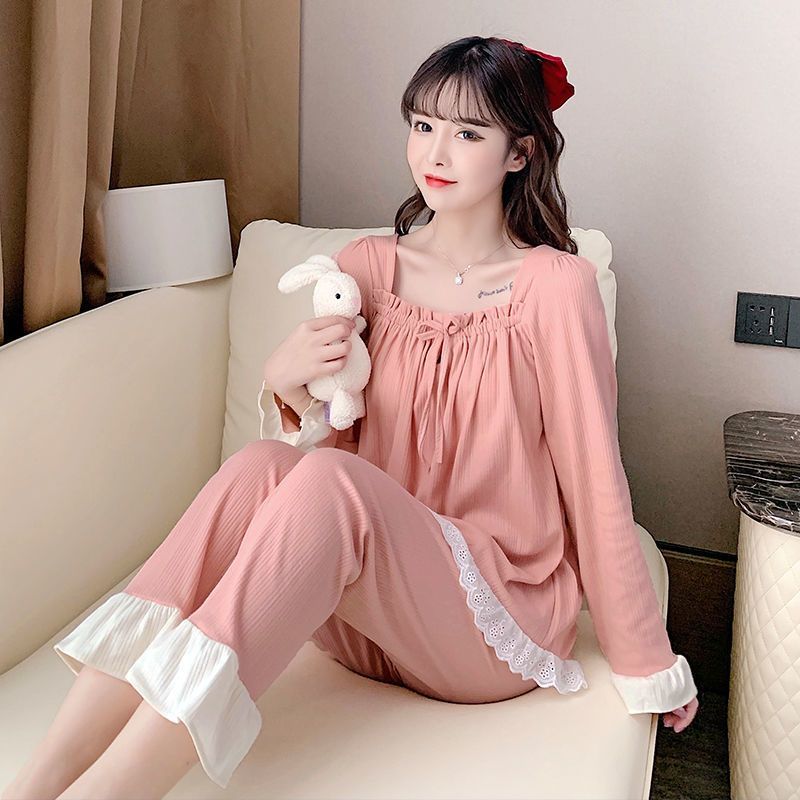 Pajamas women's autumn and winter new long-sleeved lace suit cute and sweet ins Korean version of the princess wind thin section home service