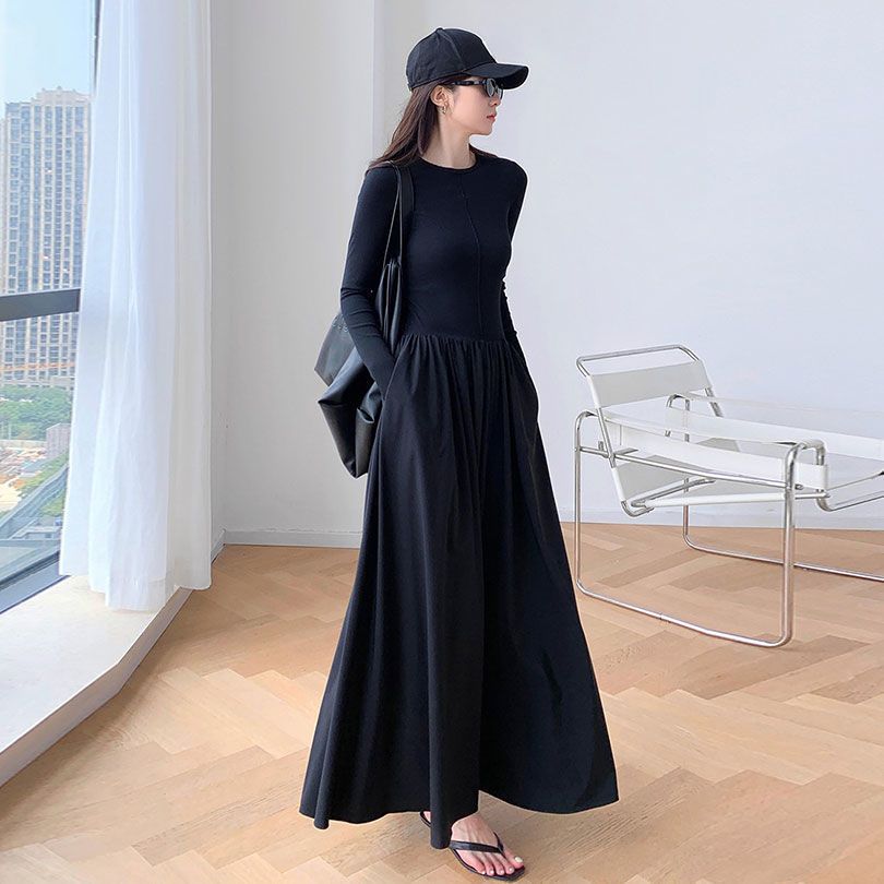 Sports vest dress long skirt women 2022 autumn new long-sleeved inner knitted long skirt waist mopping skirt