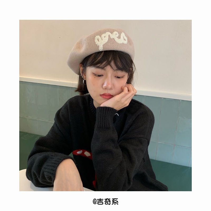 Towel embroidered French wool beret Japanese sweet and cute all-match painter hat pumpkin hat autumn and winter