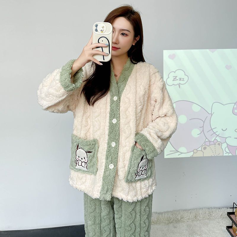  autumn and winter new pajamas women's thickened plus velvet cartoon casual suit jacquard coral fleece home clothes