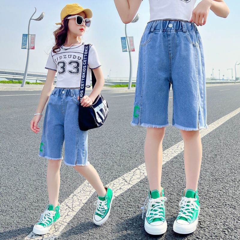 女童中褲夏季薄款褲子2023新款兒童五分褲百搭韓版洋氣牛仔短褲潮