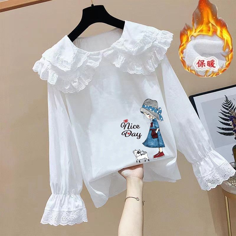女童2022新款娃娃領打底衫女寶寶印花洋氣加絨長袖中大童上衣童裝