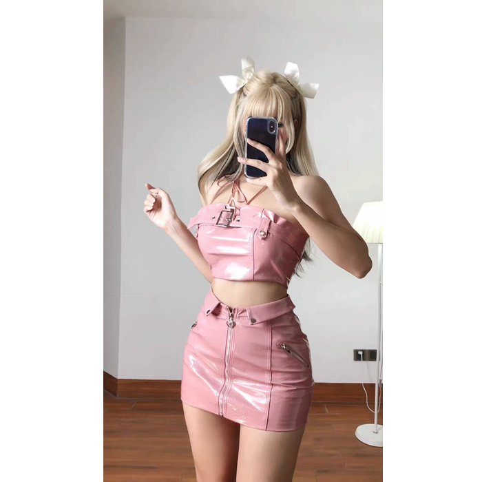 【兩件套裝】純欲風辣妹粉色短款抹胸背心女+高腰顯瘦包臀皮短裙