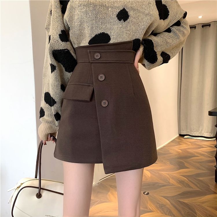 Asymmetric slanted buckle suit skirt women's autumn and winter  new a-line thin wrap hip skirt anti-light skirt [end on December 28]