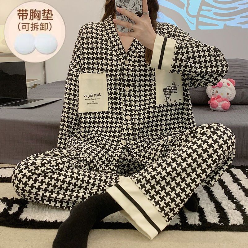 Self-contained chest pad autumn long-sleeved cardigan pajamas girls Korean style ins style sweet and cute suit outerwear home clothes