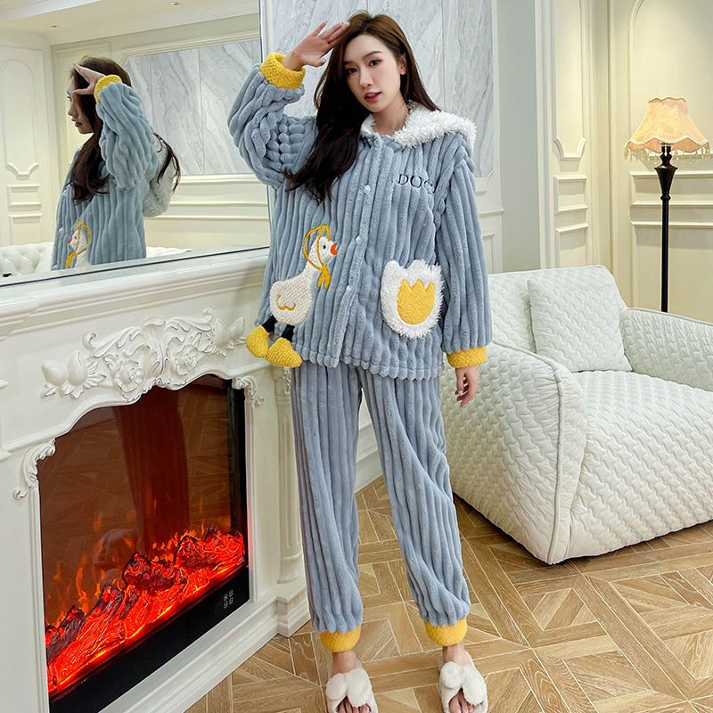 Duckling Pajamas Women's Autumn and Winter Plush Jacquard Coral Fleece Thickened Cardigan Sweet Flannel Home Service Set