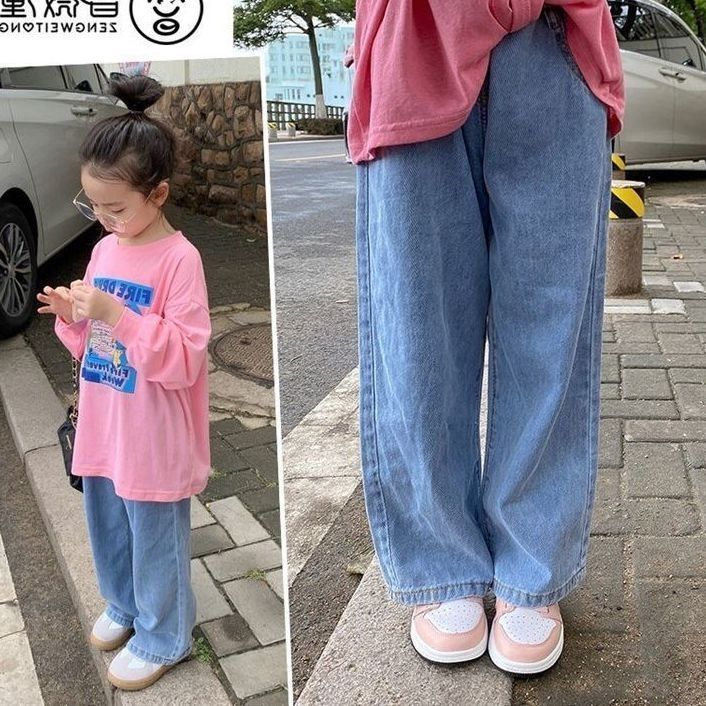 Girls denim wide-leg pants spring and autumn new children's thin section baby girl autumn style girls' trousers embroidered heart