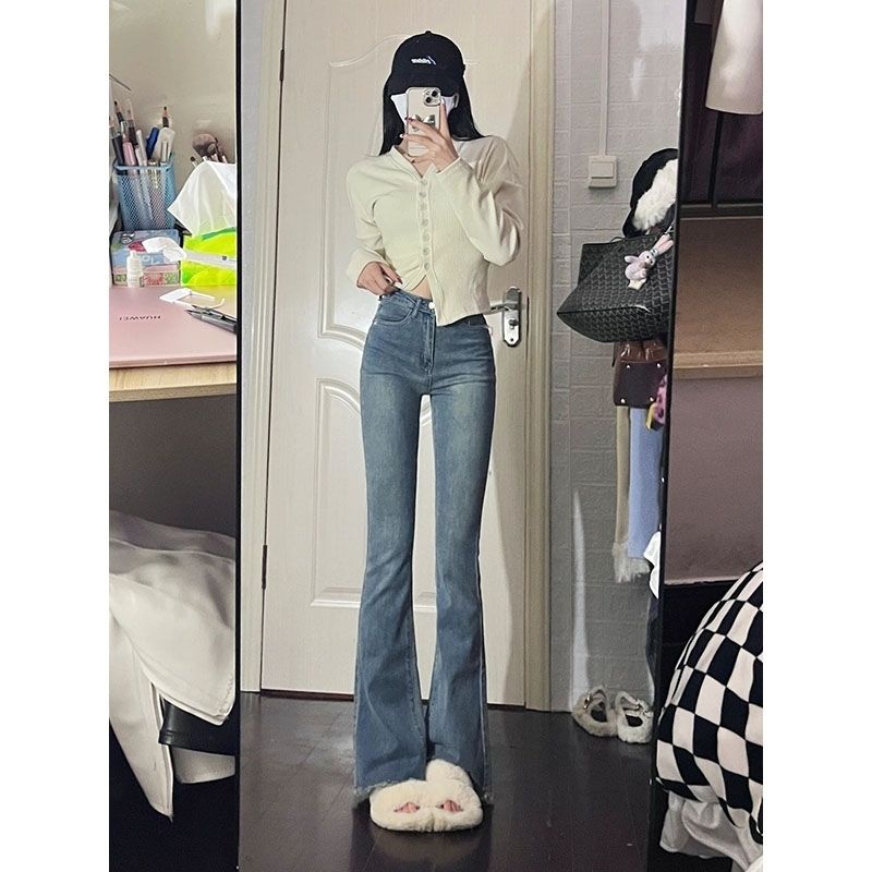 微喇牛仔褲女2023年新款春秋季高個子復古辣妹高腰顯瘦毛邊拖地褲