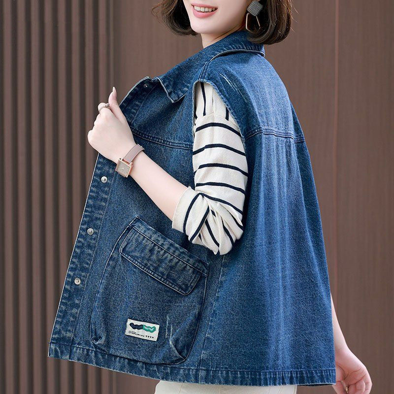 Casual mother wear denim vest women's short style 2023 spring and autumn large size loose vest middle-aged middle-aged wear vest