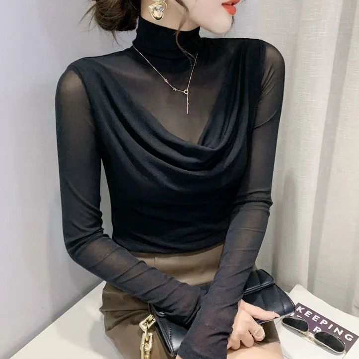 法式小眾別致上衣網紗2022春秋季打底衫內搭時尚性感長袖緊身上衣