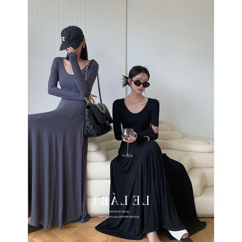 Cold style super long style big swing temperament long-sleeved dress women's autumn French high-end sense waist slim dress