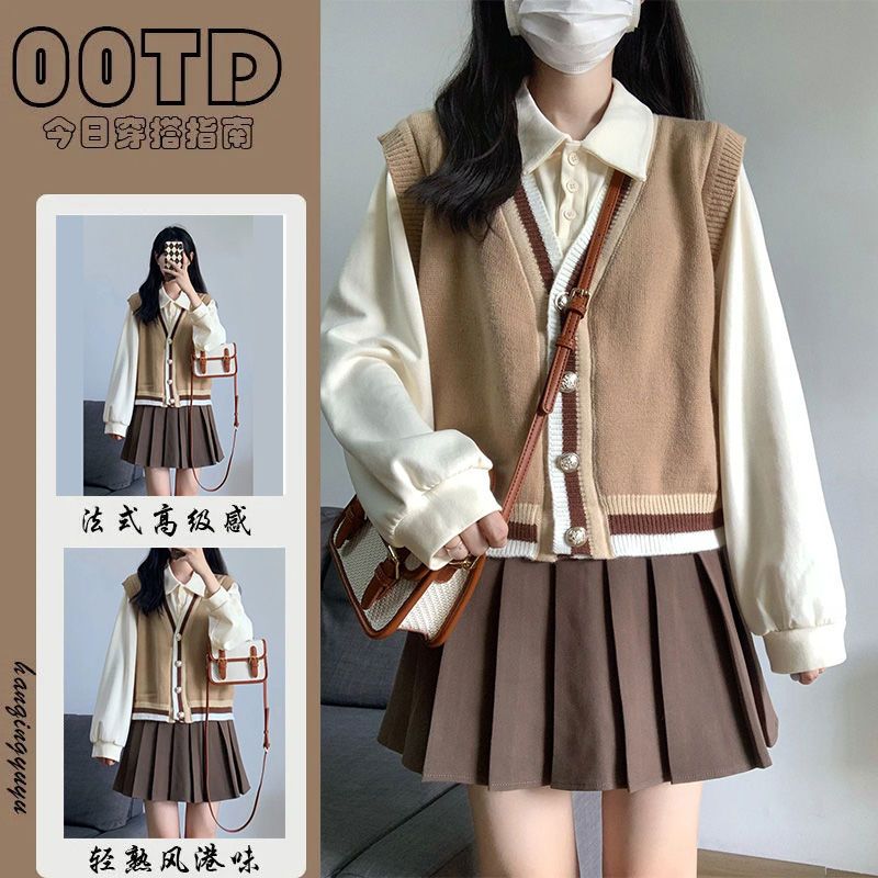 Three-piece suit spring and autumn French retro knitted sweater cardigan vest with Polo collar shirt women's pleated skirt