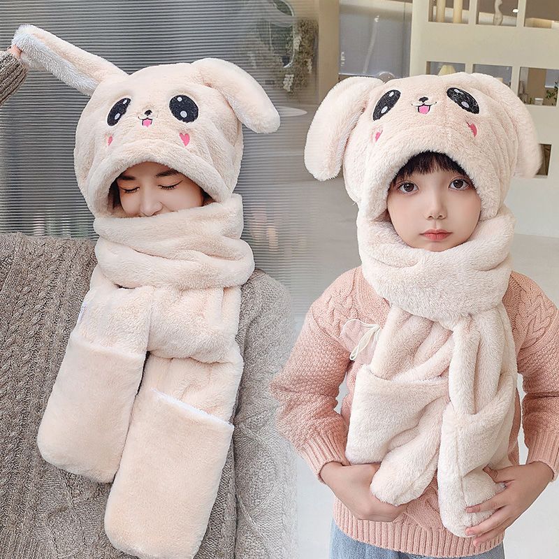 Little bear hat and scarf all-in-one women's new  internet celebrity winter children's bunny ears will move when pinched, girls' scarf