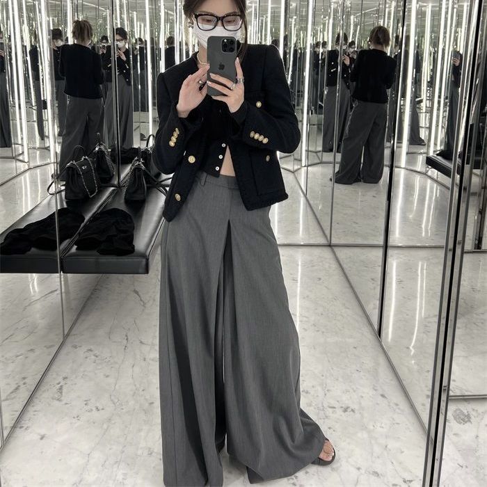 High-end wide-leg trousers summer thin section large size show thin cover meat loose casual drape design trousers ins trend