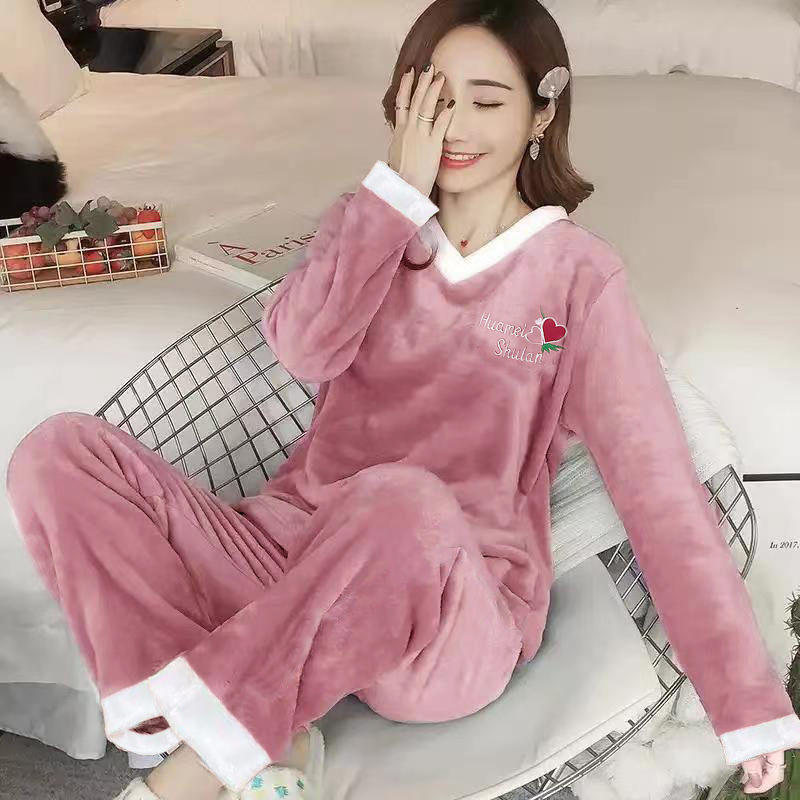 Flannel pajamas women's winter warm plus velvet thick coral fleece V-neck hot style can be worn outside home service suit