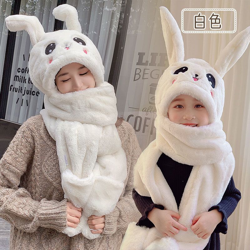 Little bear hat and scarf all-in-one women's new  internet celebrity winter children's bunny ears will move when pinched, girls' scarf