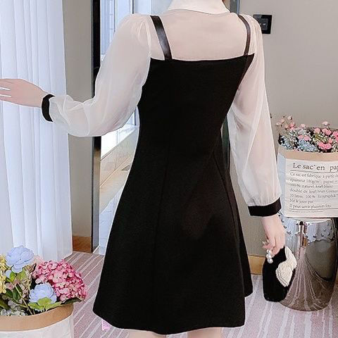 Xiaoxiangfeng Stitching Long-sleeved Sling Fake Two-piece 2022 Early Autumn New Slim Waist Slim Temperament Goddess Fan Little Black Dress 【Delivery within 15 days】